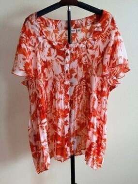 Cato Blouse Womens 26/28W Orange Floral Scoop Neck Short Sleeve Pleated
